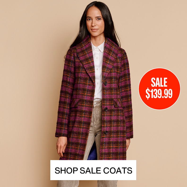 Woman wearing a long burgundy plaid coat with a sale price callout sticker of $139.99 on the image to the right of her.